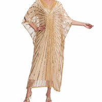 Sequins Beaded Kaftan Glittering Sequins Glitter Mesh Overlay Dress Draping Silhouette Embellished Maxi Dress for Evening Event, Party
