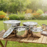 4 Pieces Camping Pot Set with Lids Portable Stainless Steel Cookware Set Compact Pot with Lid for Backpackers