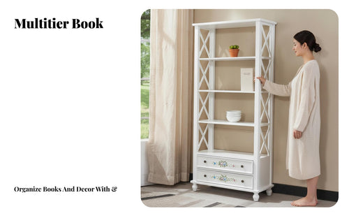 timeless-inspired aesthetic Distressed Painted Etagere accessiblerear Design bookcase adaptable Use Display Shelf Sturdy Construction for Guesthouse Owners, Interior Decorators, Living Room, Home Office, Entryway, Hallway