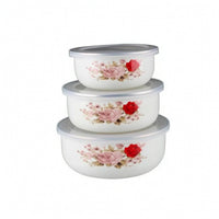 3 Pieces Glossy Enamel Food Storage Containers Space-Saving Enamel Bowls with Lids Reusable Nesting Bowl Set Multi-Purpose for Leftovers, Meal Prep, Kitchen