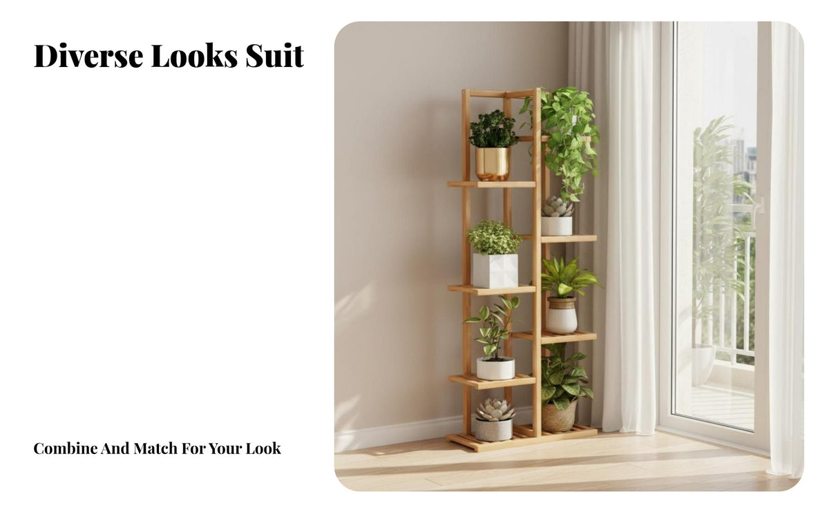 European design Multi-Tier Plant Stand Floor-Standing Tiered Wooden plant display stand Staggered Shelves Pot storage-spaceSaving for Home Decorators, Apartment Dwellers, Homeowners, Living Room, Balcony, Corner, Bedroom