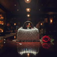 Wrist Strap Rhinestone Fringe Clutch Glamorous Beaded Wristlet Purse Gold Frame for Banquet, Wedding