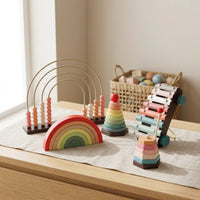 4 Pieces Child-Centered Wooden Rainbow Stacking Toy Educational Wooden Rainbow Stacker Pastel Stacking Toy Natural for Toddlers, Preschoolers, Kids, Playroom, Preschool, Nursery