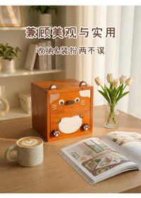 小猫实木桌面收纳盒抽屉式杂物整理盒可爱卡通创意化妆品抽屉收纳