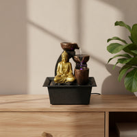 Layered Buddha Fountain with Black Tray Compact Buddha Statue Fountain Sculpted Small for Meditators, Office