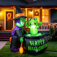 Green Inflatable Witch with Frog Bright Witch Inflatable with Pot Spooky Yard Inflatable Decoration Scary for Lawn