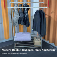 Double Rod Rolling Rack Adjustable Length Rolling Double-Rod Clothing Organizer With Wheels Foldable for Renters