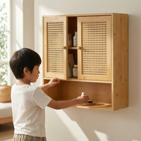 Bathroom Wall Cabinet Space-Saving Wooden Cabinet with Rattan Doors Decorative