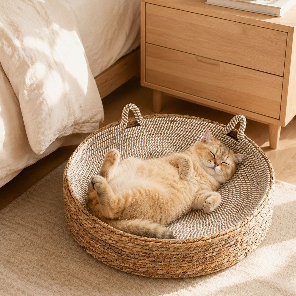 Wicker Cat Bed for All Seasons, Semi-Enclosed, for Kittens and Cats