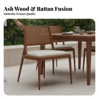 Upholstered Rattan rear Chair Wabi-Sabi Aesthetic V-Leg Cane Chair Retro Design Boho design for Families, Renters, Balcony