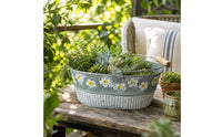 Galvanized Iron Planter with Handles Rustic Oval Metal Planter Embossed Floral Metal Plant Pot with Handles for Balcony