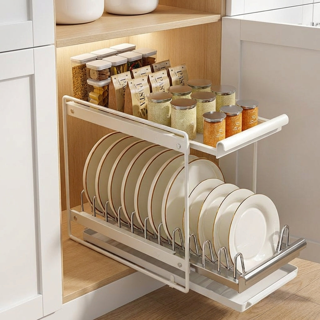 Pull-Out Dish Rack and Pull-Out Storage Tray Cabinet Organizer, Stainless Steel Pull-Out Bowl Rack and Pull-Out Storage Tray Cabinet Pull-Out