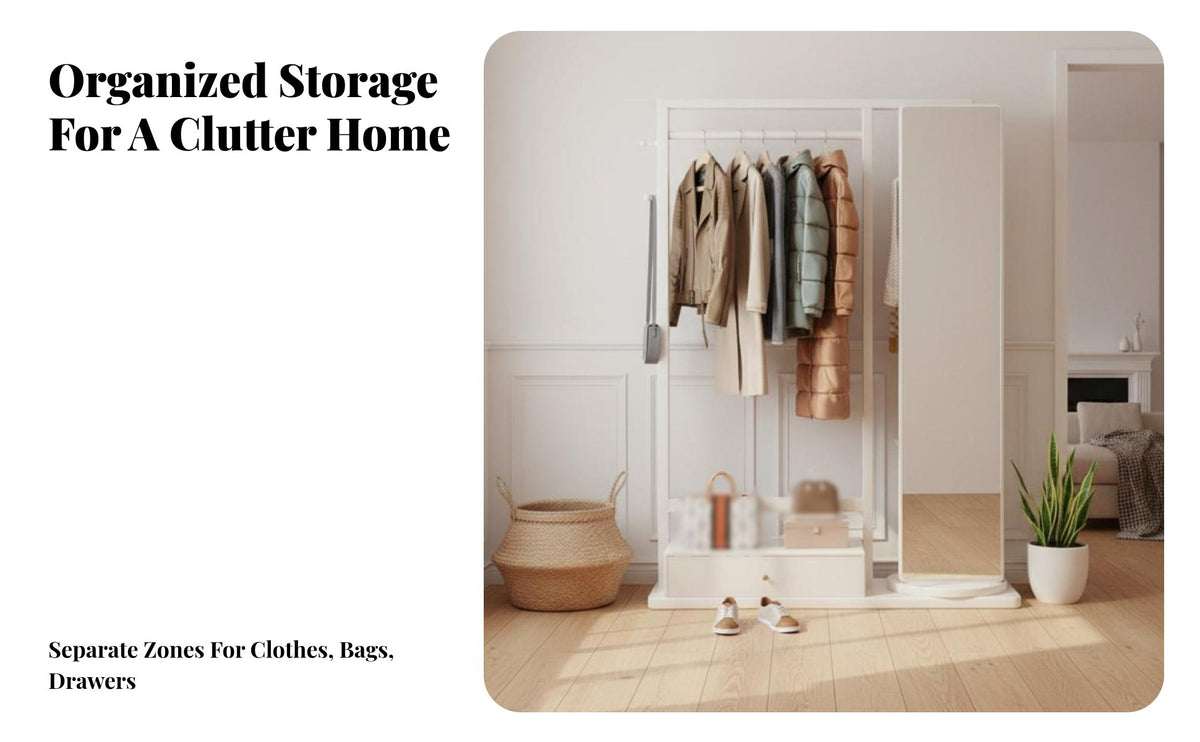 Multi-Functional Standing Valet with Mirror Multifunctional Storage no-coststanding Valet Space-Saving Design Garment Stand Easy Assembly for Apartment Dwellers, Professionals, Bedroom, Entryway, changing area, Small areas