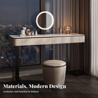 Modern Design Dressing Set with Lighted Mirror Minimalist Aesthetic Vanity Table Integrated Storage Drawer Makeup Desk Matching Stool Included for Women, Homeowners, Teens, Apartment