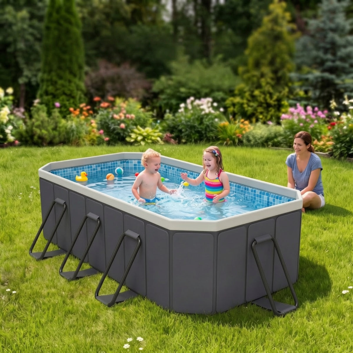 Stable Pool with Steel Frame Easy Drainage Non-Inflatable Pool Portable No-Inflation for Garden