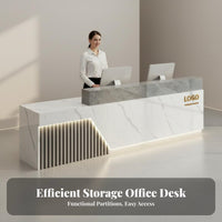 1 Piece Reception Desk Modern Front Desk Commercial Counter Double-layer Countertop Engineered Wood with LED Lighting and Storage Suitable for Salons Barbershops Shops Lobbies