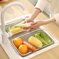 Stainless Steel Colander and Retractable Sink Basket, 2-Tier Over Sink Kitchen Sink Colander Fine Mesh Basket Extendable for Vegetables Fruits