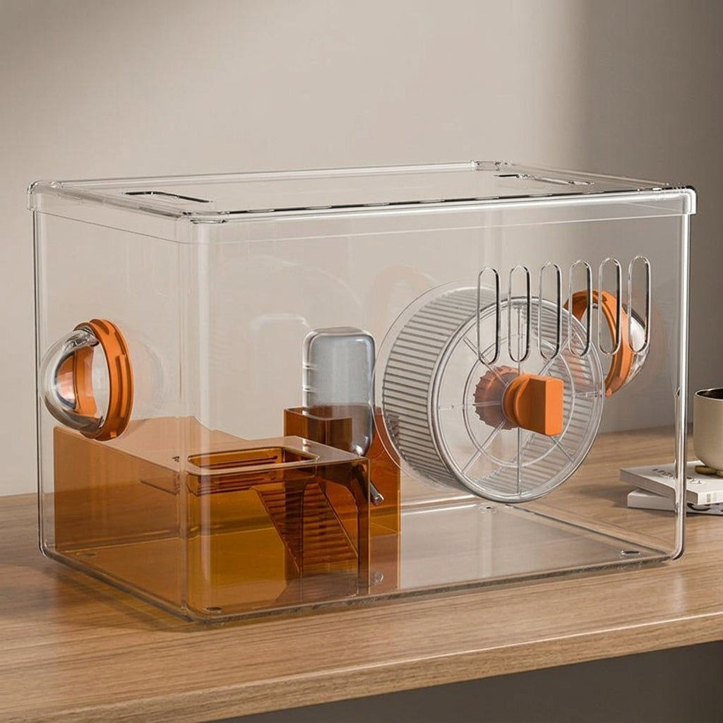 Large Hamster Cage with built-in Silent Exercise Wheel, Transparent Hamster Habitat, Portable Syrian Hamster Cage Case