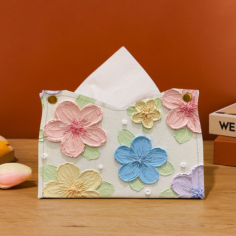 Luxury Oil Painting Colorful Flowers Tissue Box Cover, Leather, Tabletop, American Style