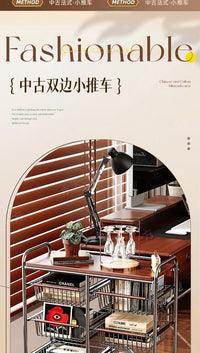 中古小推车客厅移动零食收纳架家用榉木整理筐厨房置物架落地多层 中古北欧风【4层6筐】水晶轮