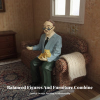Pipe Detailed Dollhouse Man Figure Seated Elderly Man Figurine