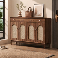 Wooden Rattan Woven Shoe Box, 160cm Width, Entryway Storage, Shoe Cabinet, 4 Doors 4 Drawers, Vintage Style