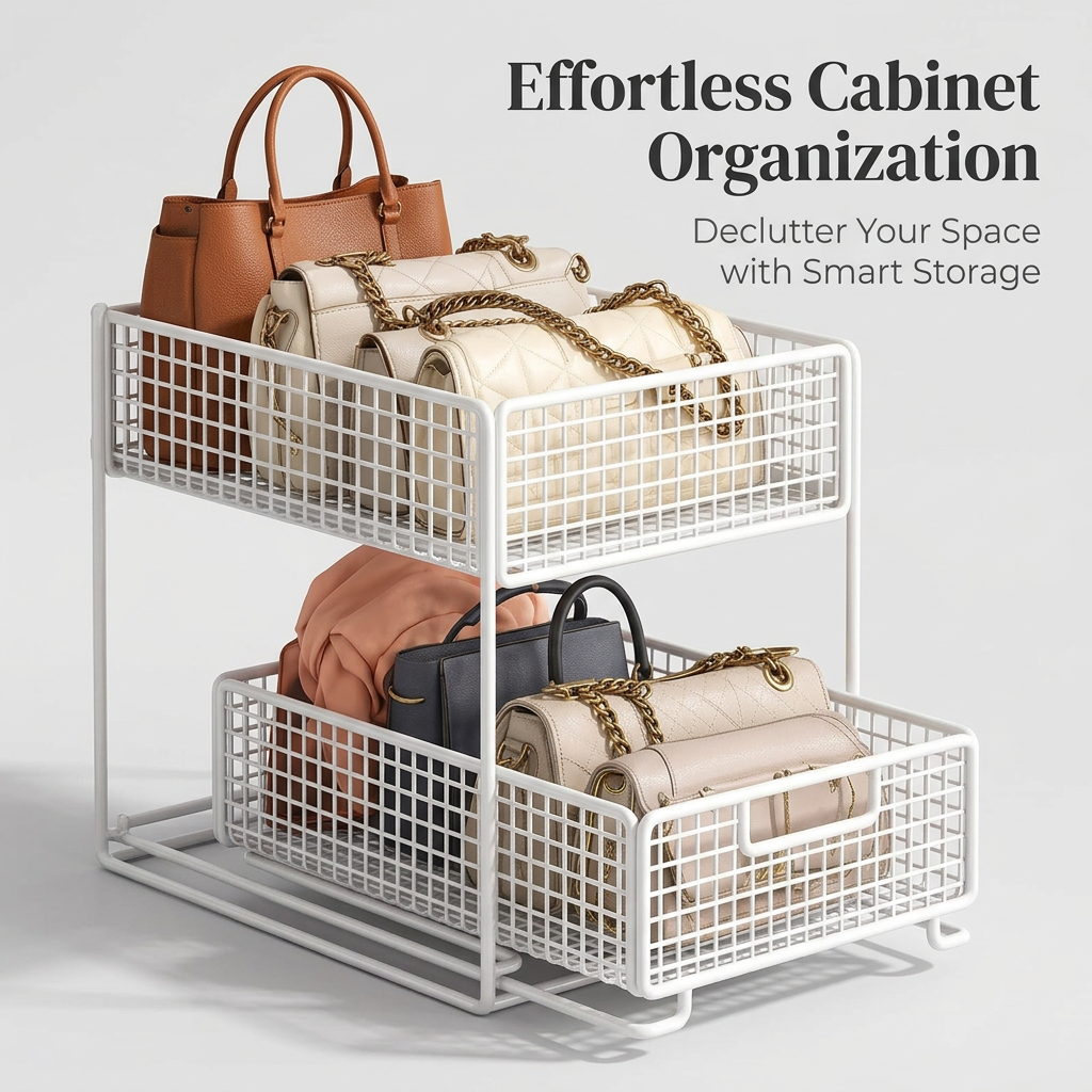 2 Tier Wire Storage Basket Shelf, Pull Out Cabinet Organizer, Handbags Storage, Closet Organization, Black Medium