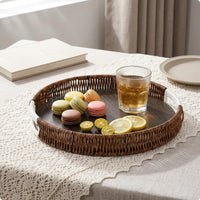 Faux-Rattan Tray Wood-Grain Round Rattan Serving Tray Dark