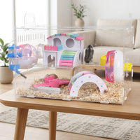 Large Hamster Cage with Built-in Passageways, Acrylic Transparent Hamster Cage Starter Kit for Dwarf Hamster and Pet Mice, Flat Bottom Base