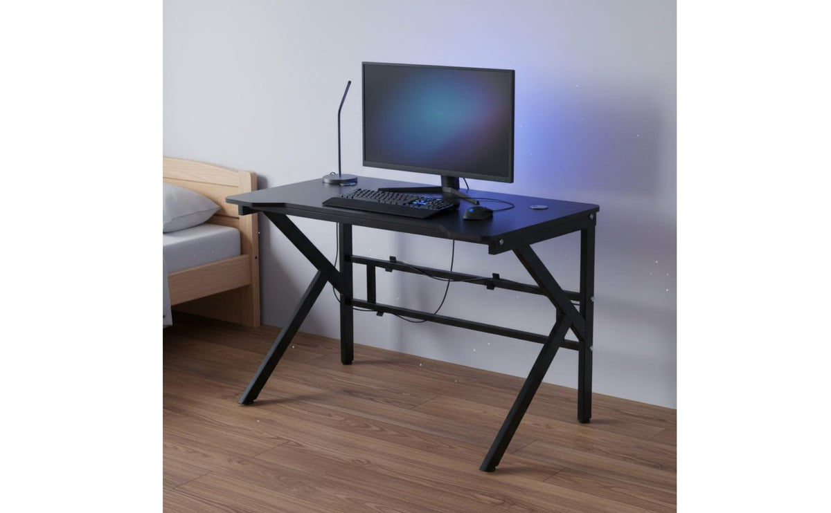 Stable Structure K-Shaped Gaming Desk Sturdy Construction Modern Study Workstation High Load Capacity Black Writing Desk Waterproof Surface for Gamers, Students, Bedroom