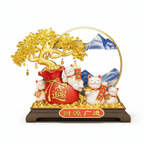 Fortunes Cat Statue with Gold Frame Gilded Prosperity Cat Ornament Cute Sculpture for Business Owners, Front Desk, Office