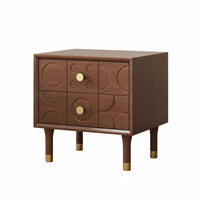 Nordic Design Carved 2-Drawer Nightstand Mid-Twentieth Century-Century Modern Aesthetic Carved 2-Drawer End Table Versatile Use Bedside Cabinet Brass Knobs for Homeowners, Apartment Dwellers, Adults, Guest Room, Hotel, Entryway