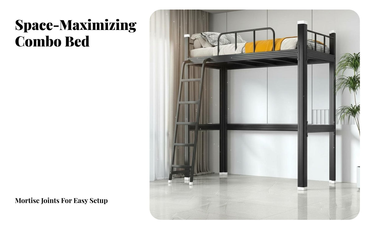 Loft Bed with Desk High Guardrail Student Dormitory Bed Space-Saving Design for Employees, Teenagers Quarters, Study Area, Small Areas