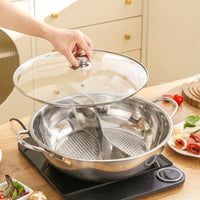 Hot Pot Induction Cooker with Stainless Steel Split Design, Large Shabu Shabu Pot with Glass Lid, Family Dinner Set with Ladle and Skimmer