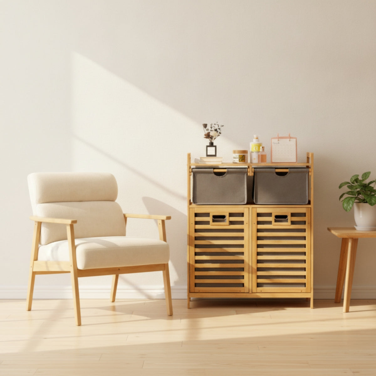 Slatted Storage Cabinet Storage Cabinet with Textile Bins Space-Saving Shelving Unit for Small Apartment