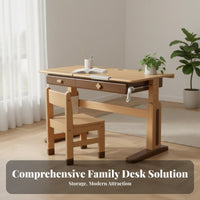 Children's Writing Table Ergonomic Children's Writing Desk Hand Crank Lift Study Table Writing Table Solid Beech Wood Construction Adjustable Height Spacious Drawer Suitable for Home Study Area Bedroom Reading