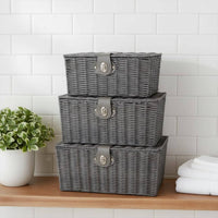3 Pieces Wicker Storage Basket with Lid Handmade Lidded Wicker Basket Dust Home Organizer