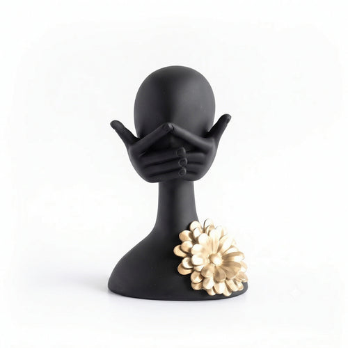 Sculpture with Flower Matte Black Human Bust Modern for Bookshelf