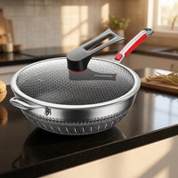 Frying Pan for Stir Fry and Home Cooking, 34cm Large Stainless Steel Wok with Lid, 2kg Weight Pan for Induction Hob, Versatile BBQ Cookware