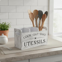 Divided Cutlery Box Distressed Finish Countertop Utensil Holder Vintage Look Wooden Utensil Holder for Tabletop