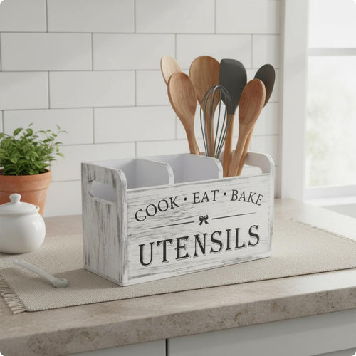 Divided Cutlery Box Distressed Finish Countertop Utensil Holder Vintage Look Wooden Utensil Holder for Tabletop