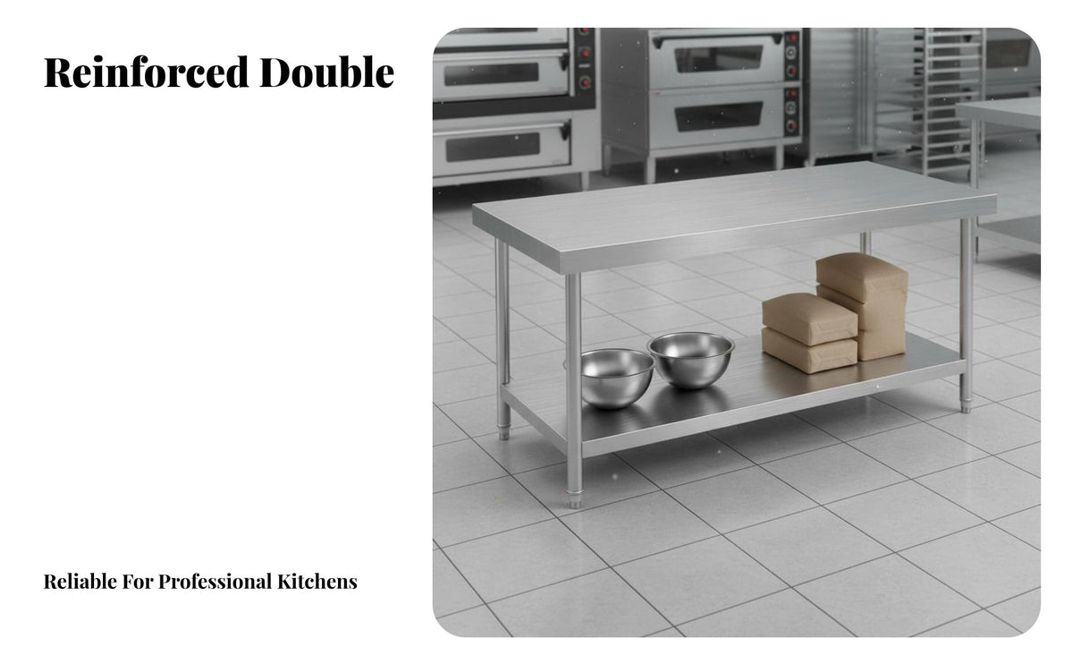 High Load Capacity Stainless Steel Work Table Easy to Clean Commercial Kitchen Prep Table Large Workspace Food Prep Workbench Stable Structure for Butchers, Restaurant Team, Bakery, Warehouse, Laundry Room, Outdoor