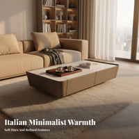 Italian Minimalist Design Square Stone-Top Coffee Table with Drawers Saddle Leather Wrapped Living Room Furniture scuff Resistant Multi-Functional for Homeowners, Interior Designers, Renters, Lounge Area, Home Office