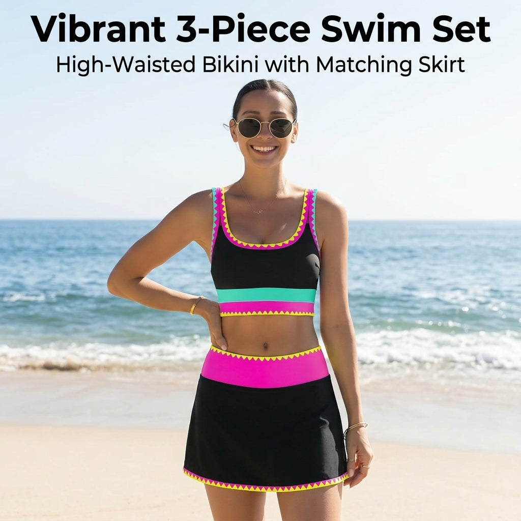 Swimsuit with High Waisted Bottom and Matching Cover Up Skirt, Padded Sleeveless Swimming Costume for Water Sports, Stylish Womens Bikini Sets
