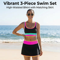 Swimsuit with High Waisted Bottom and Matching Cover Up Skirt, Padded Sleeveless Swimming Costume for Water Sports, Stylish Womens Bikini Sets