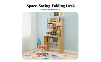 Folding Desk with Bookshelf Foldable Design Solid Wood Murphy Desk Space-Saving Study Table for Children, Students, Small Areas, Bedroom, Dorm Room