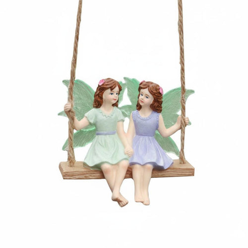 Sister Fairies on Swing Ornament Weather Resistant Hanging Fairy Swing Statue Design for Yard, Patio, Balcony