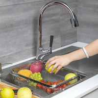 Retractable Draining Basket and Kitchen Sink Drainer, 304 Stainless Steel Colander with Metal Handles, Vegetable Washing Basket for Food Prep