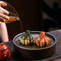 Ceramic Pumpkin Tea Pet Textured Tea Pet with Frog Handmade Frog Figurine Lobed for Collectors, Display Shelf