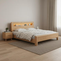 Minimalist Wooden Bed Frame Mortise and Tenon Joinery Solid Wood Bed with Storage Headboard for Guest Room